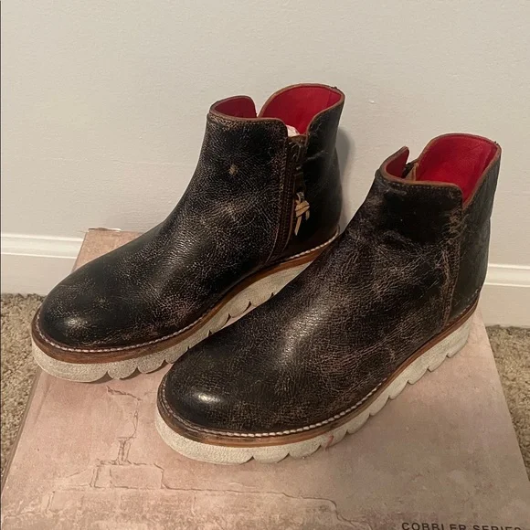 BED|STU Distressed Black Ankle Boots with Red Interior - Picture 4 of 5